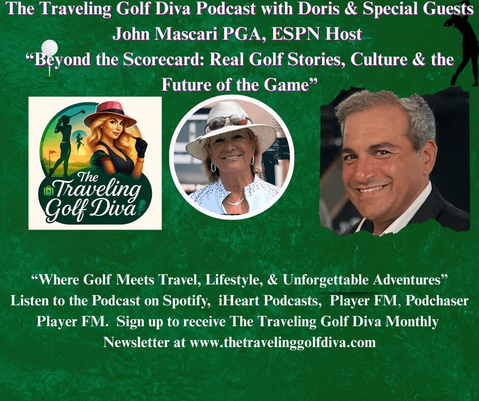 Golf podcast banner with logo and host portraits