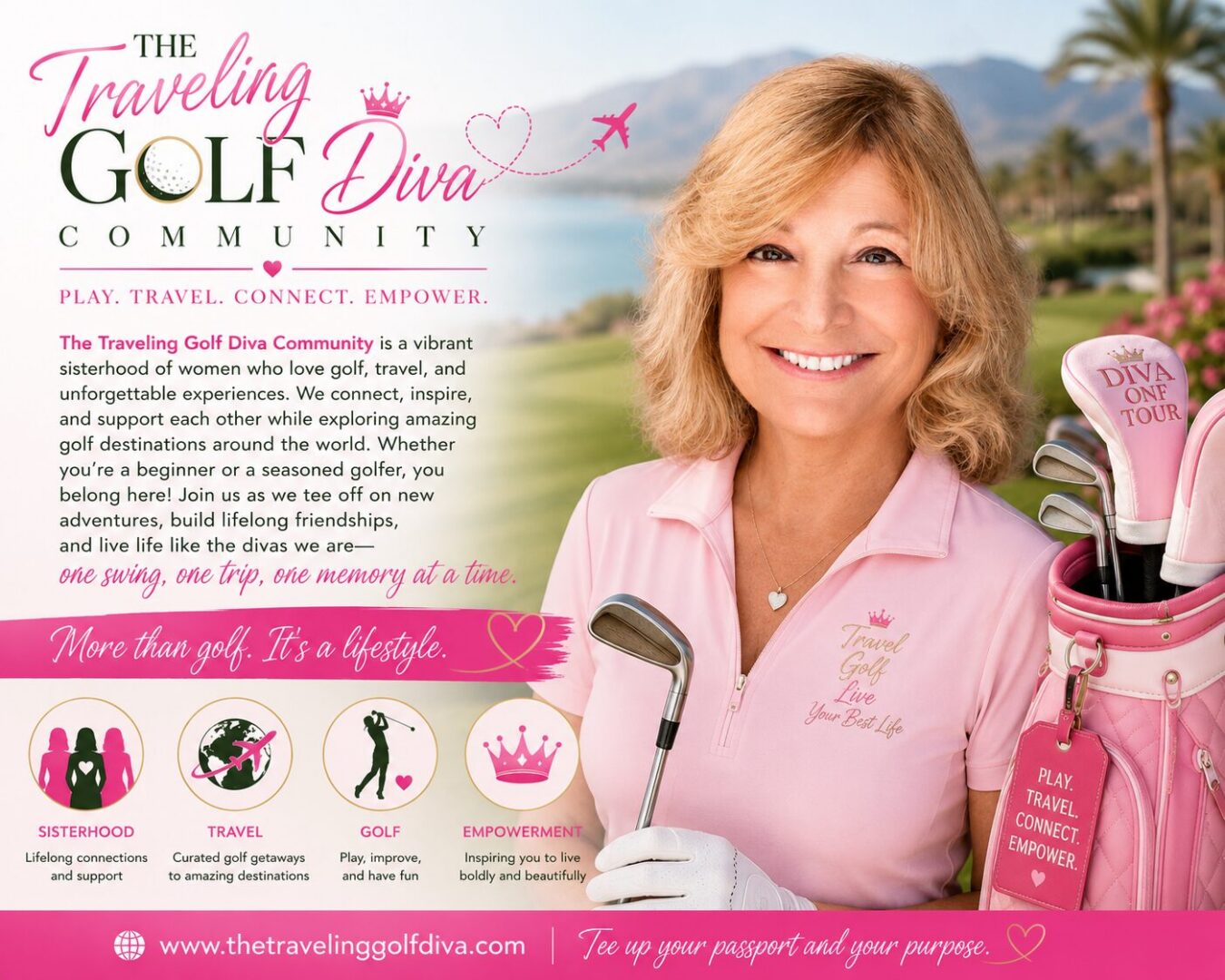 Smiling female golfer in pink with golf bag